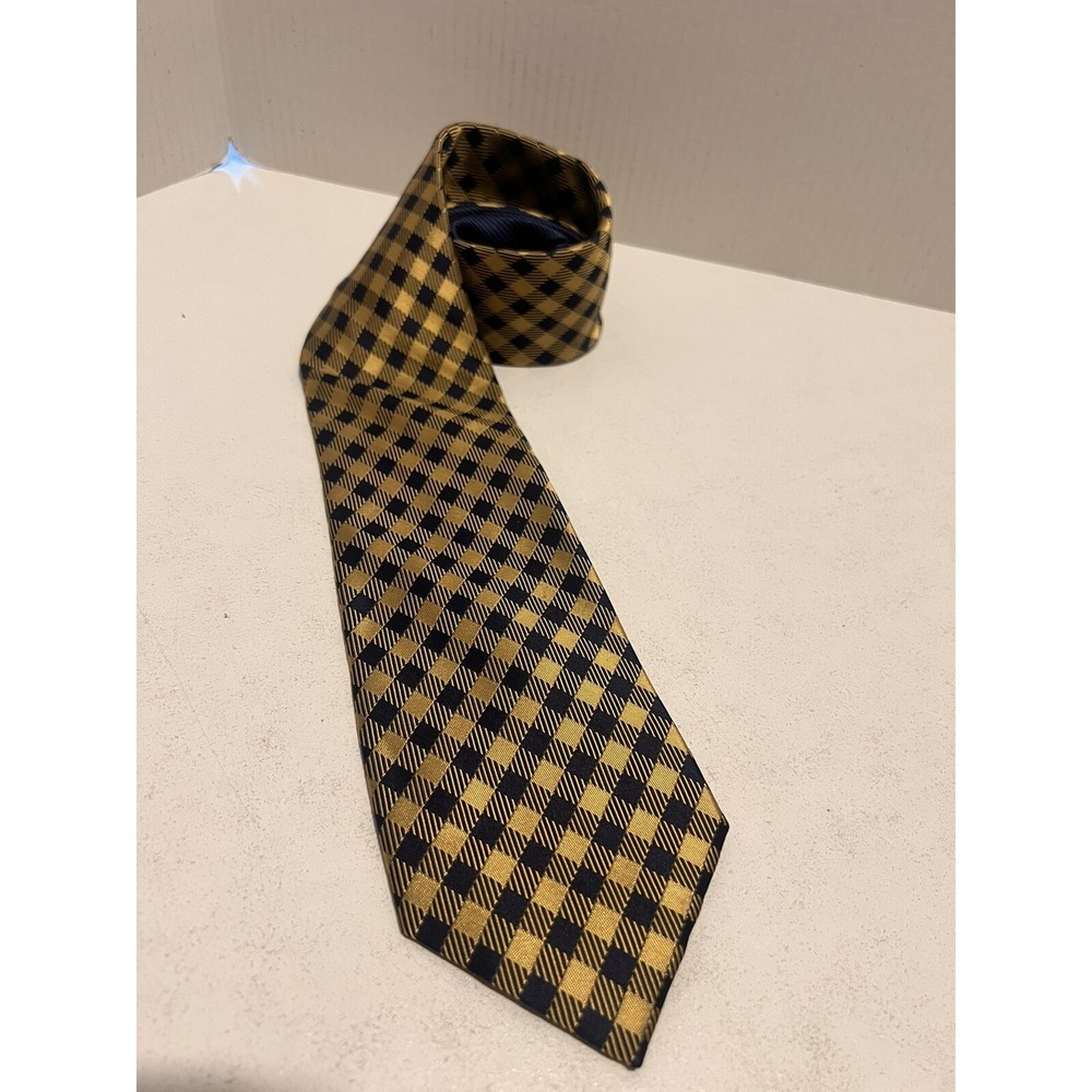 TOMMY HILFIGER Men's Tie‎ Silk Navy Gold Yellow Checked 61" Long
